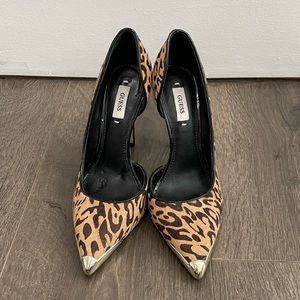 GUESS Cheetah Print Calf Hair Pumps with Gold Tips